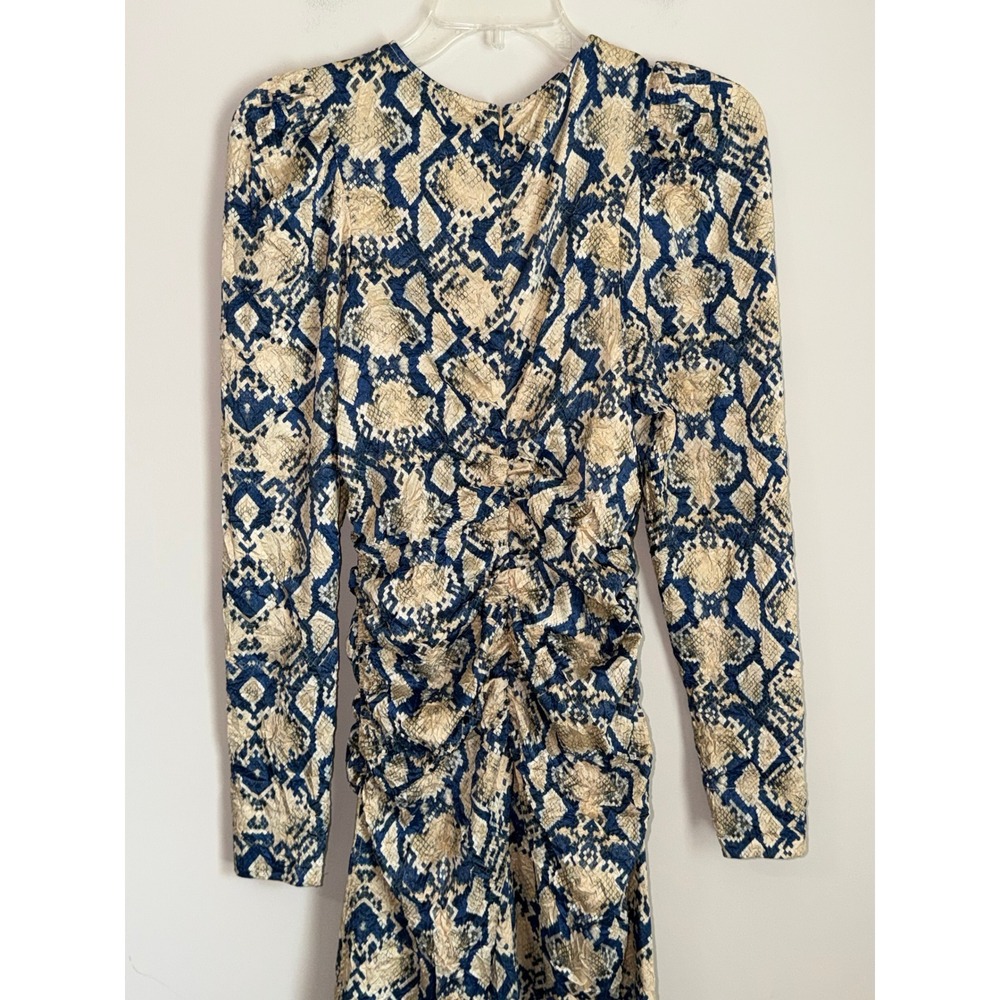 NWT Ganni Midi Dress Womens 6 Blue Tan Snakeskin Ruched Puff Sleeve - Picture 5 of 15
